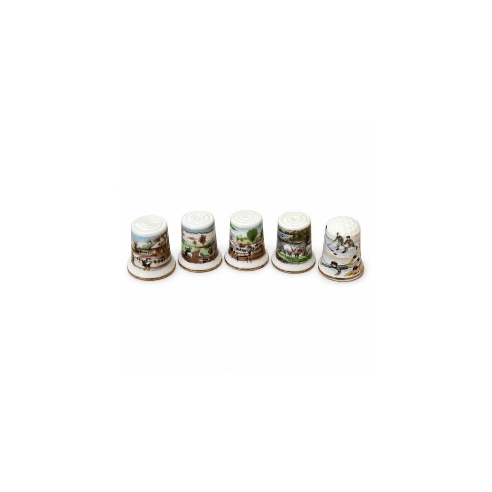 Vintage Scenic Porcelain Bone China Thimbles Lot of 5 Horses Winter Sports